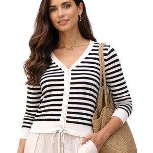 Splendid Collection Black & White Striped Knit Cardigan Sweater Size XL